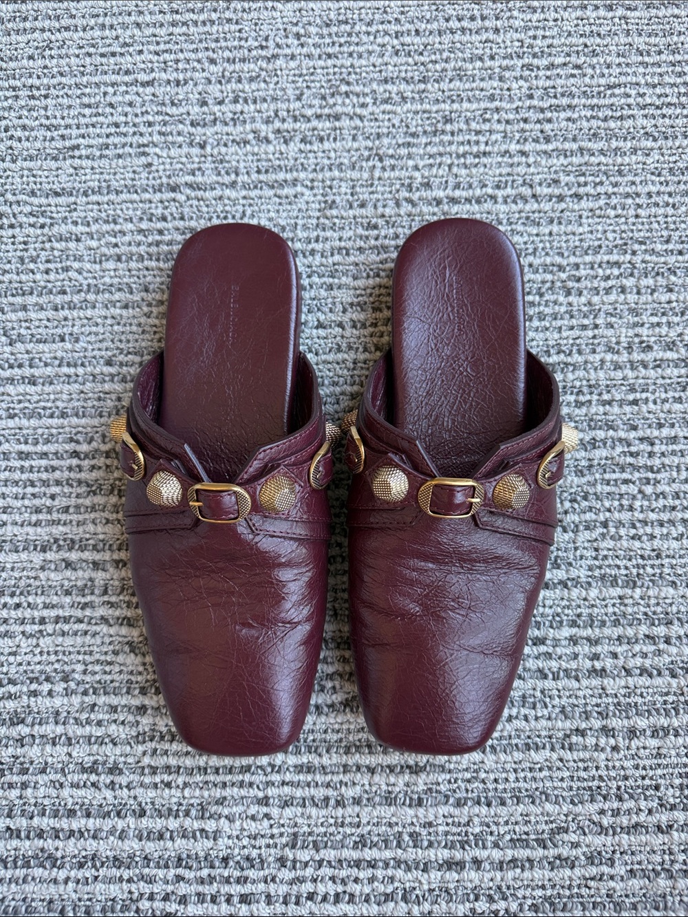 BALENCIAGA Women’s Burgundy Leather Slip-On Mules with Gold Accents